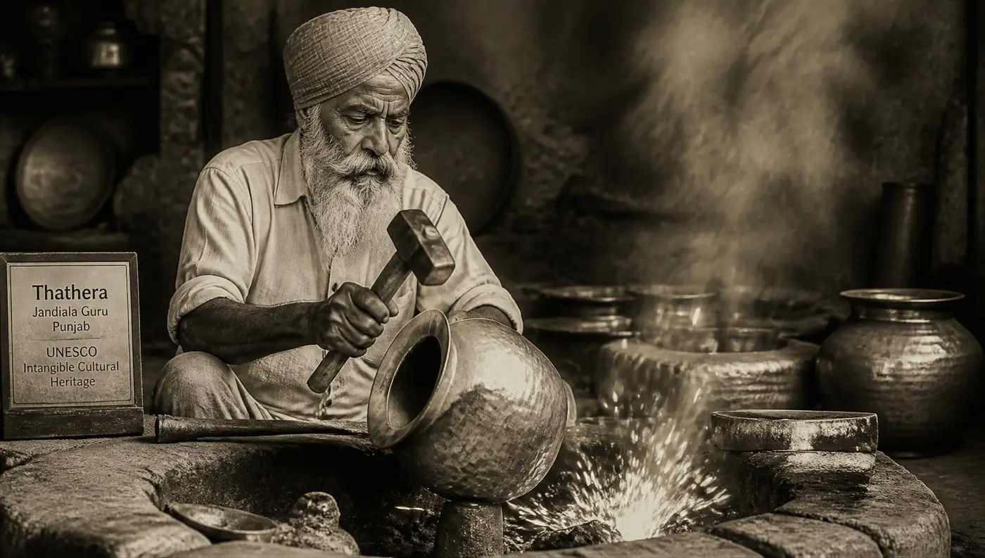 A pair of hands hammering a copper vessel by warm firelight