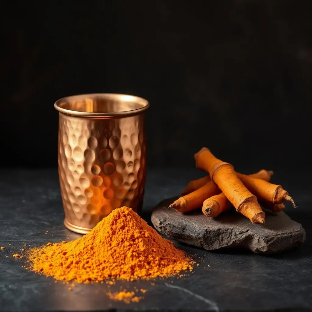 Hand-hammered copper glass with turmeric powder and fresh turmeric roots — Tamra Jal ritual